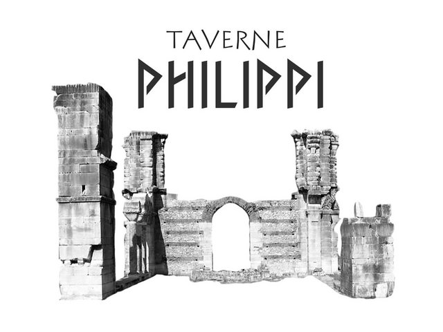 Schwarz-Weiß-Bild von Ruinen, darüber steht "Taverne Philippi"